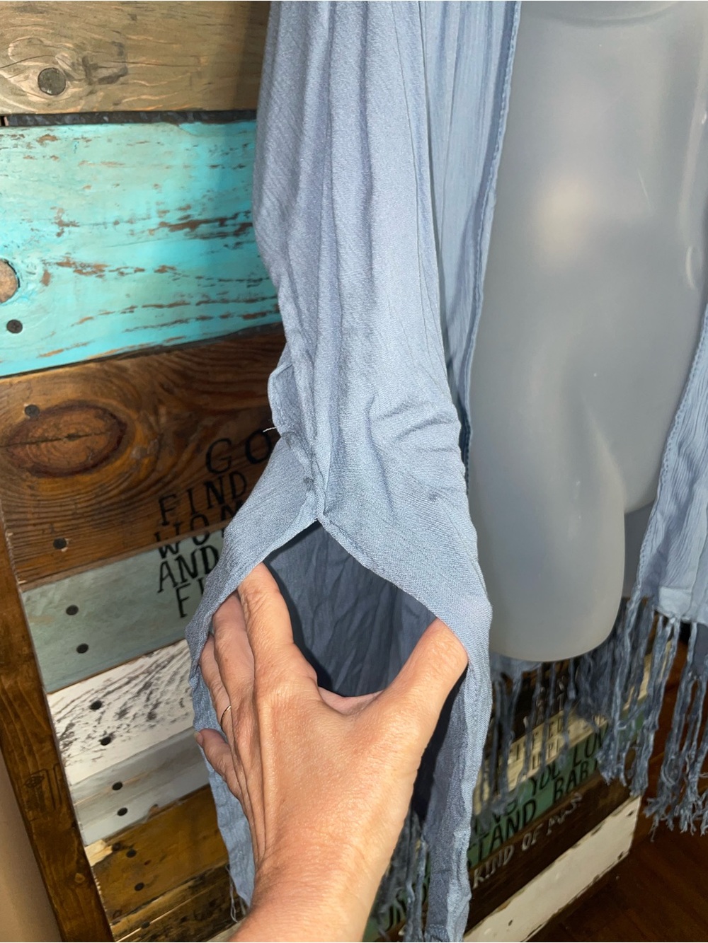 New Sonoma Light Blue Fringe Open-Front Women’s Poncho Shrug - Picture 7 of 13